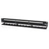 The 1U rackmount-ready Cat5/6 patch panel features 24 numbered ports for space-saving network connections in high-density installations.