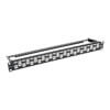 Feed-through patch panel with cable management bar organizes Cat6a/Cat6/Cat5e input &amp; output cable connections. Mounts in 1U 19 in. rack.
