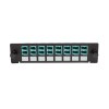 Pass-through panel has 8 LC duplex connectors compatible with both multimode and singlemode applications.