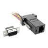 DB9 male to RJ45 female adapter allows a serial signal to be sent over twisted-pair Cat5e/6 cable. <br>