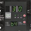 Digital display with scroll and mode buttons reports amperage, kilowatts and voltage for primary and secondary inputs