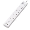 4-Outlet Power Strip with USB-A Charging - BS1363A Outlets, 220-250V, 13A, 1.8 m Cord, BS1363A Plug, White PS4B18USBW