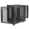 Locking, reversible front door and locking, removable side panels prevent unauthorized access to installed equipment.